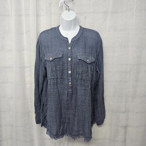 Free People Blue Plaid Blouse Peasant Boho Fringe Festival Grunge Hippie S